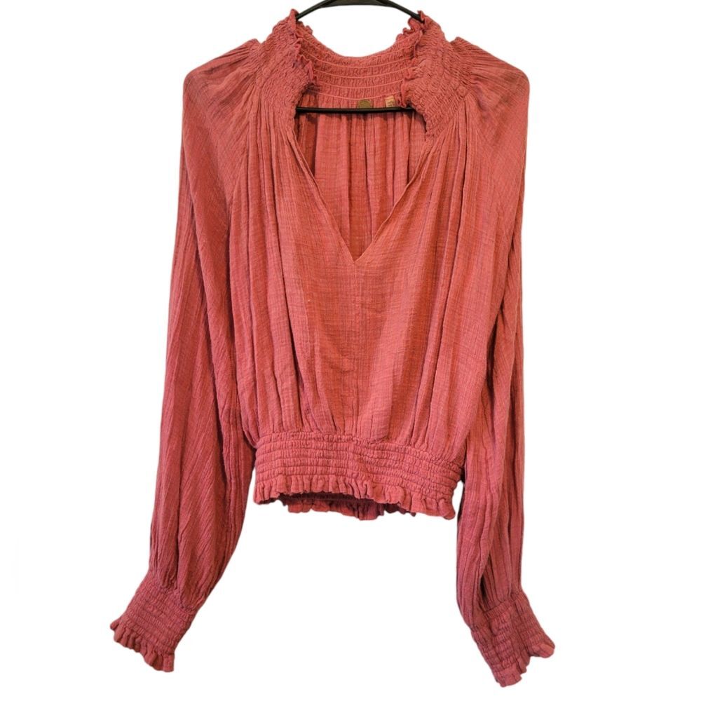 Free People One Solid Smocked Top Size XS Pink Boho